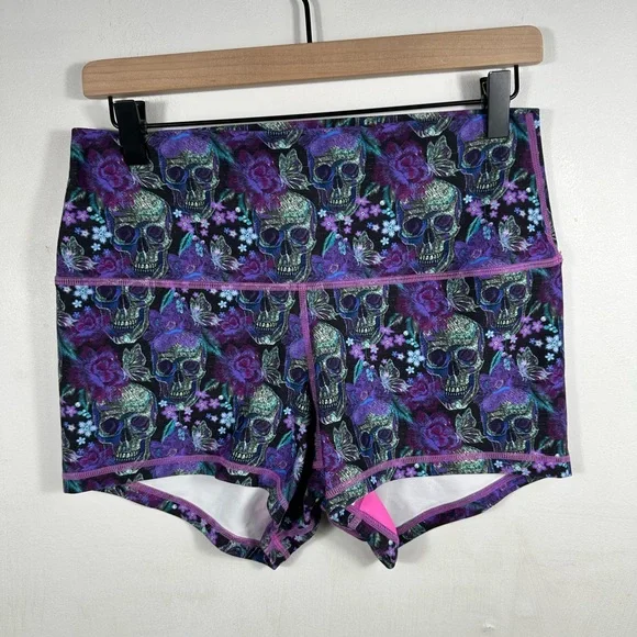 Peachy Athletic Shorts Women’s Large Purple Skull Floral Compression Yoga - Picture 2 of 7